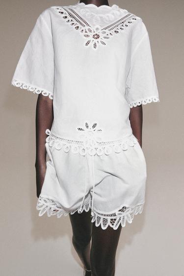 SHORT BRODÉ AVEC LIN ZW COLLECTION - Blanc cassé de Zara