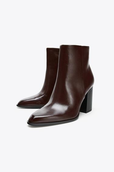 LEATHER BLOCK HEEL ANKLE BOOTS - Burgundy Red by Zara - Image 1