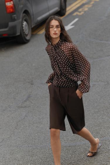 Zara POLKA DOT BLOUSE WITH BOW - Brown / White