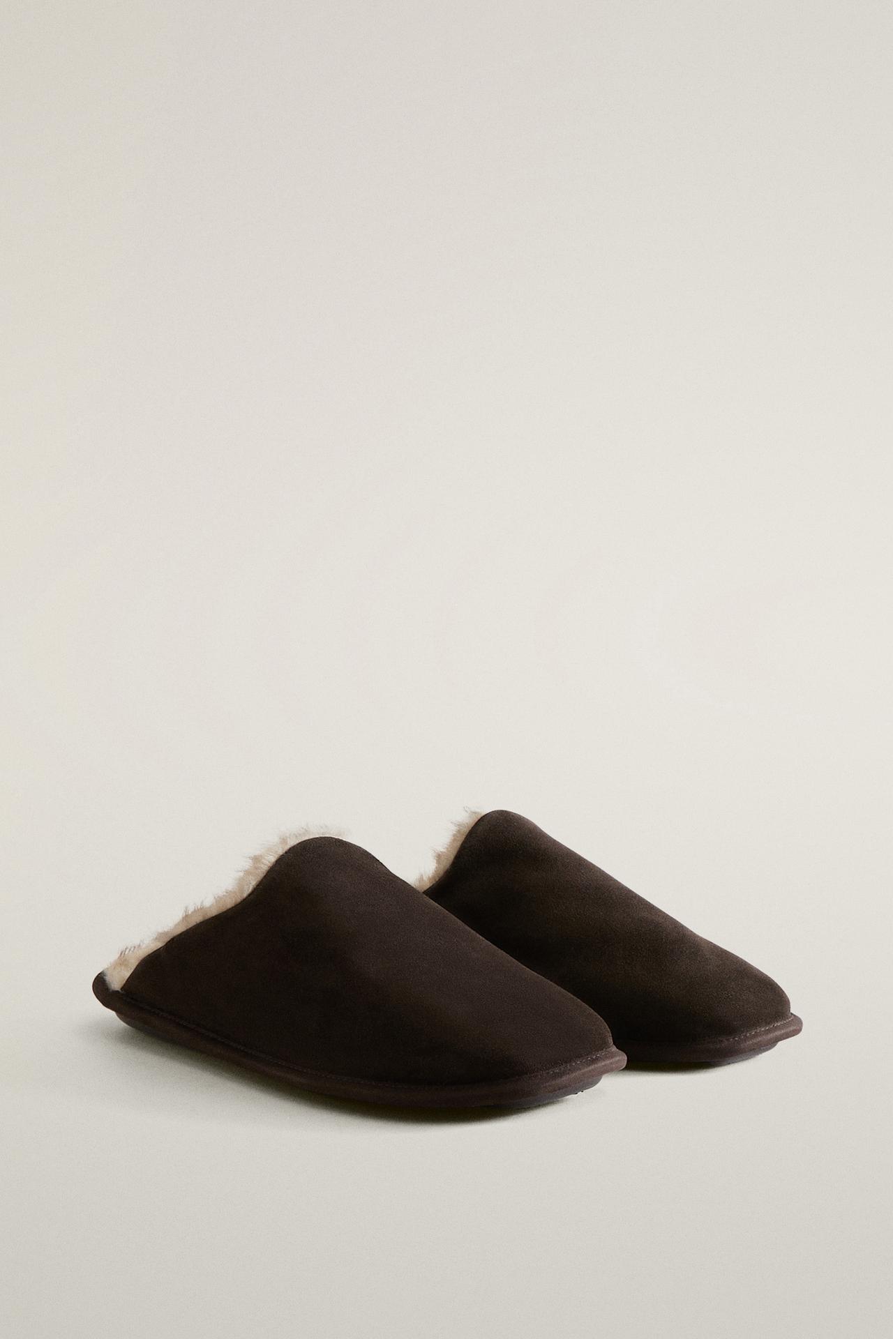 WARM LEATHER MULE SLIPPERS — Brown