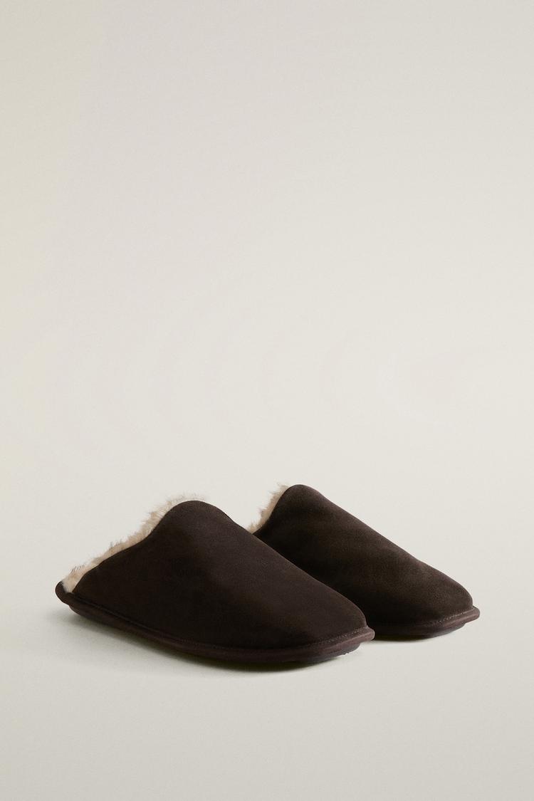 WARM LEATHER MULE SLIPPERS — Brown