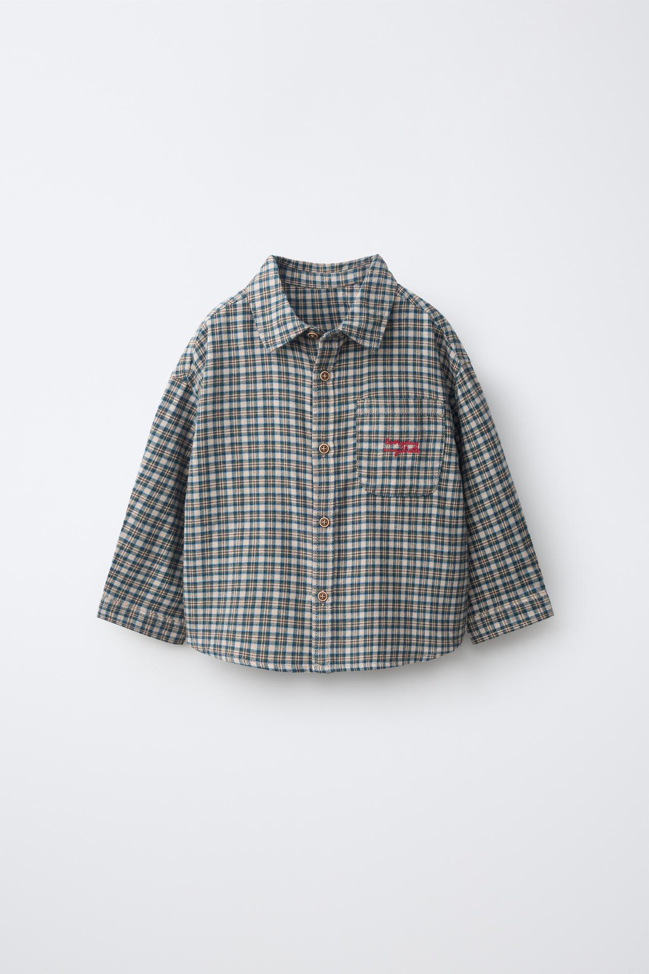 PLAID EMBROIDERED TEXT SHIRT — Mid-green