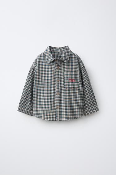 CHECK SHIRT WITH EMBROIDERED TEXT - Mid-green by Zara - Image 0