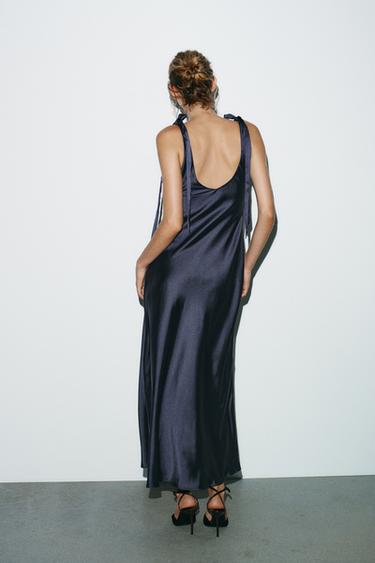 ROBE MIDI SATINÉE À NŒUDS - Bleu marine de Zara - Image 4