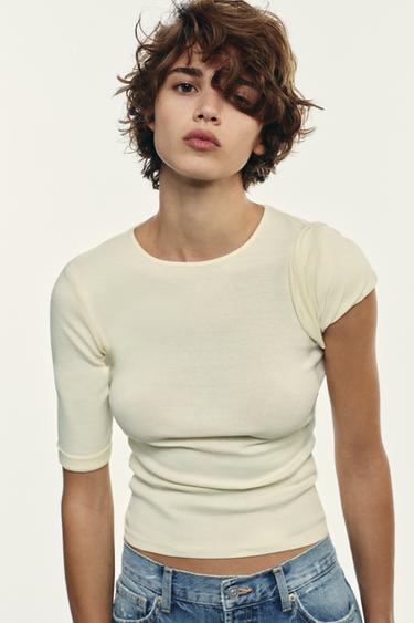 CAMISETA ALGODÓN LAVADA - Amarillo claro de Zara
