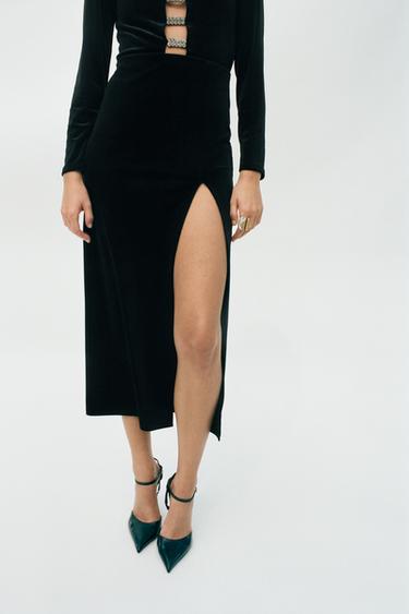 SHINY VELVET MIDI DRESS WITH APPLIQUÉS - Black by Zara - Image 5
