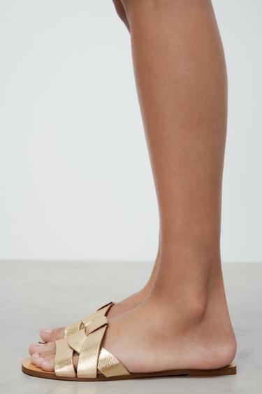 CROSS-STRAP FLAT LEATHER SANDALS - Gold by Zara - Image 0