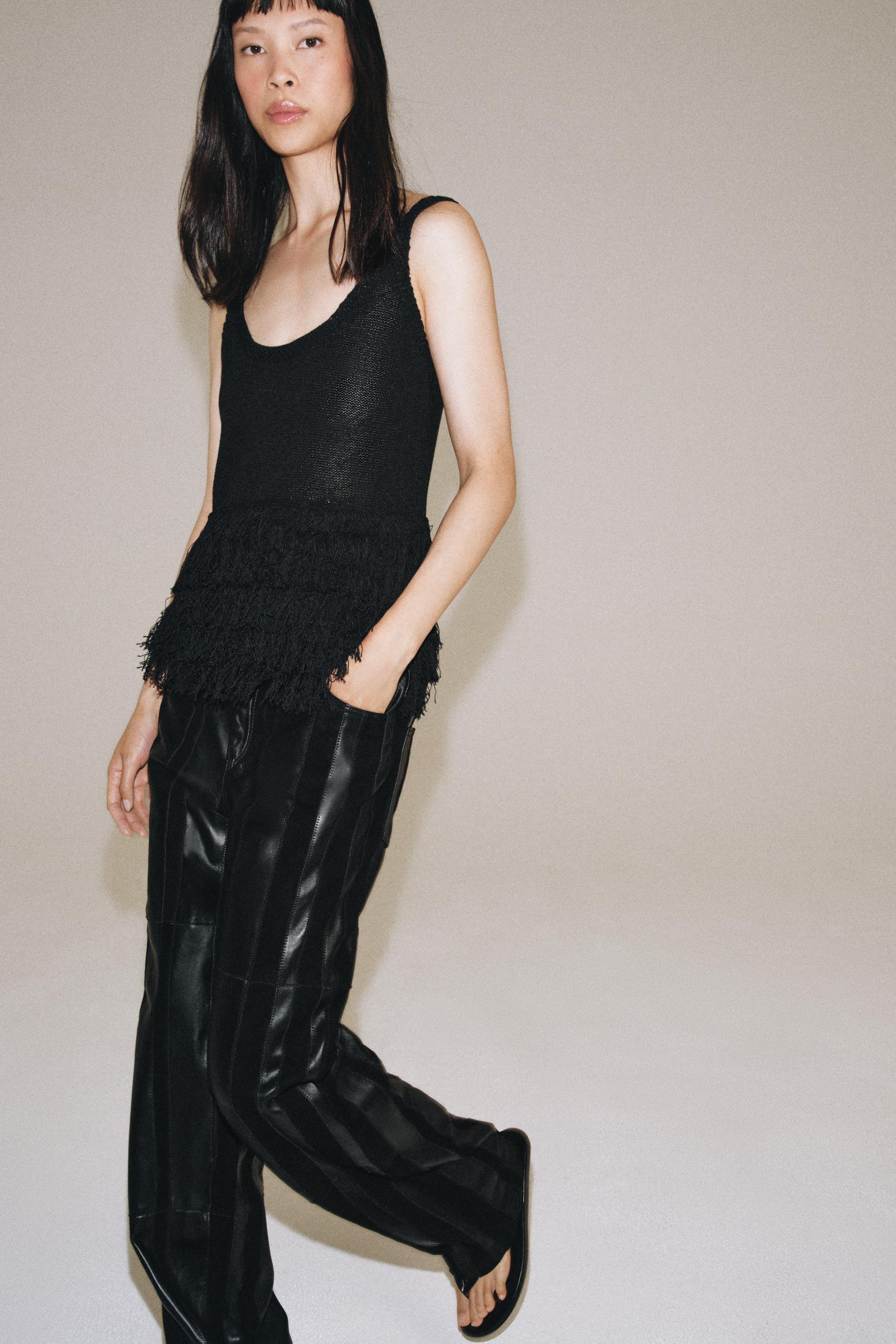 FRINGED KNIT TOP — Black