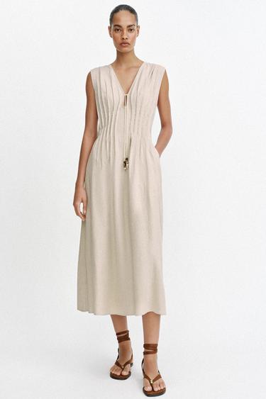 Zara DRAWSTRING LINEN MIDI DRESS - Light beige