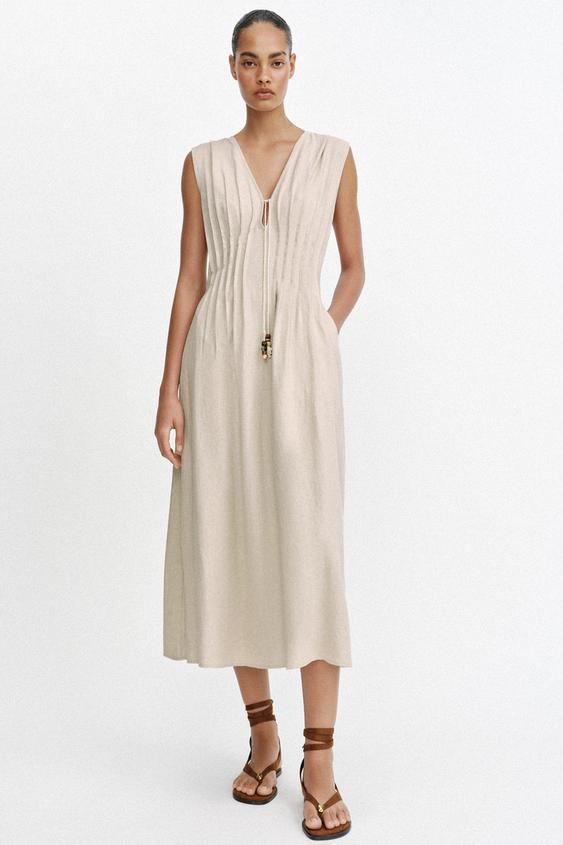 DRAWSTRING LINEN MIDI DRESS - Light beige | ZARA United States DRAWSTRING LINEN MIDI DRESS - Light beige | ZARA United States