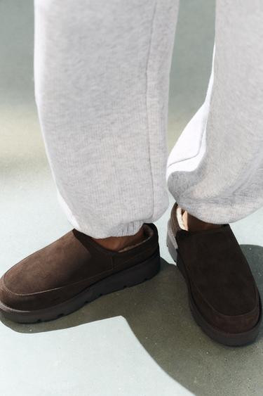 LEATHER MULE WITH FAUX SHEARLING LINING — Brown 2