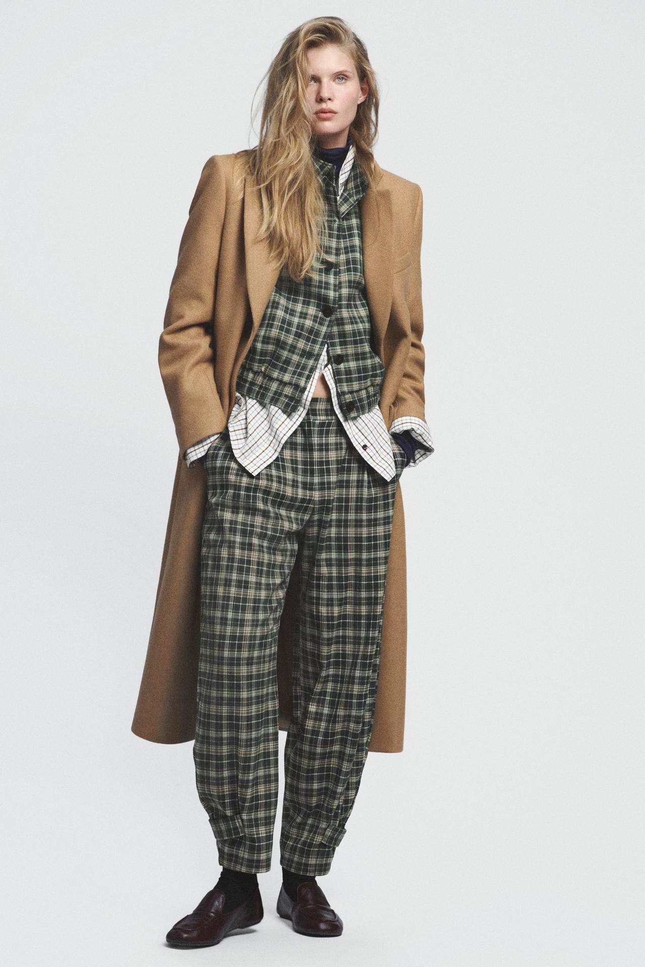 Checkered Pants With Tab Hem — Green / Ecru