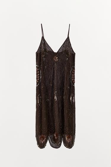 GEORGETTE SEQUIN BEAD DRESS - Brown by Zara