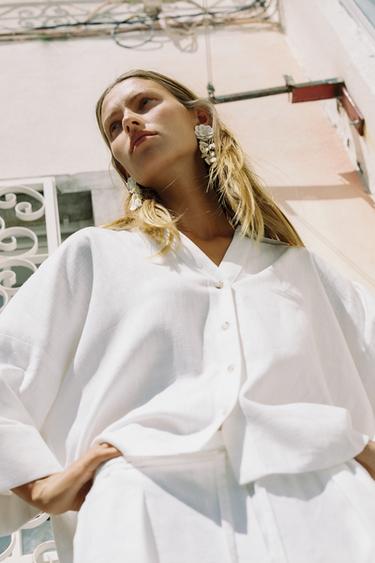 CAMISA MANGA ANCHA CON LINO - Blanco de Zara