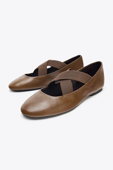 LEATHER BALLERINA SHOES WITH ELASTICATED CROSSOVER STRAPS - Chocolate Brown by Zara - Image 2