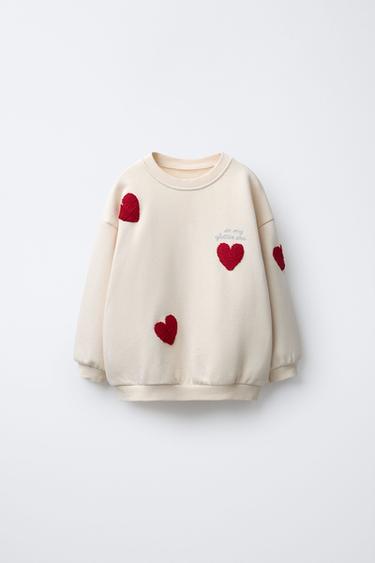 Zara EMBROIDERED HEART SWEATSHIRT - Ecru