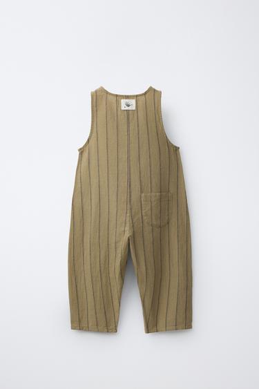 Zara COTTON LINEN BLEND STRIPED OVERALLS - Khaki