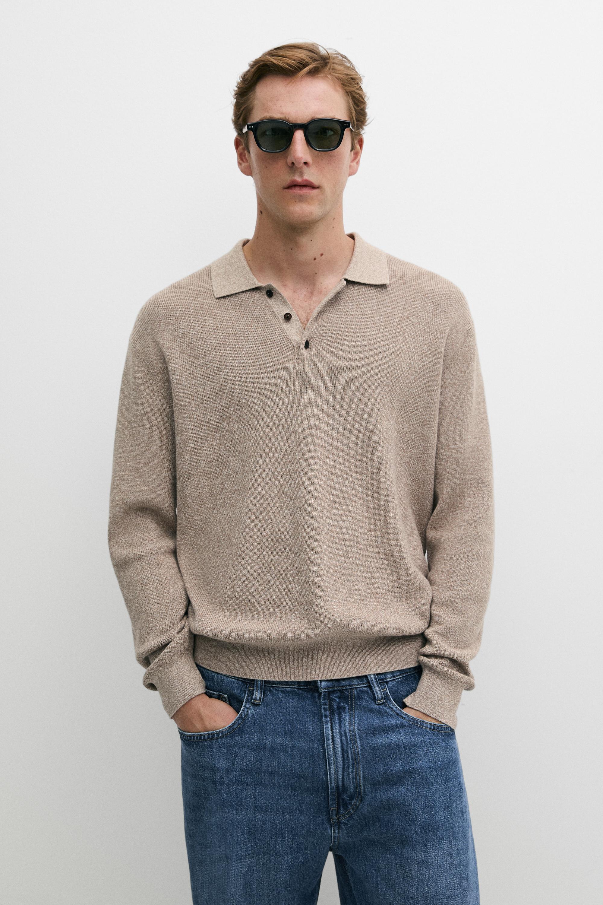 100% cotton mouliné polo sweater — Beige