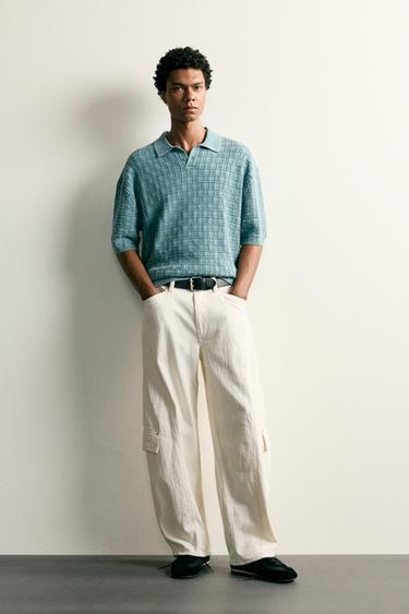 Zara WASHED CHECK KNIT POLO SHIRT - Light blue - Image 0