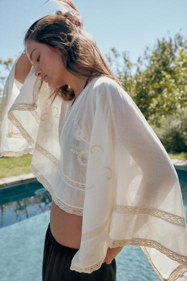 EMBROIDERED CAPE TOP - Ecru by Zara