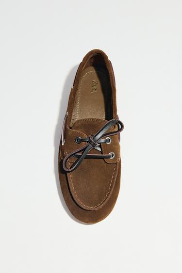 Zara SPLIT LEATHER STITCH DETAIL SHOES - Brown