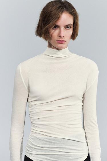 HIGH NECK RUCHED TOP - Ecru by Zara