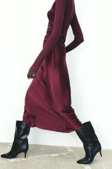 SATIN MIDI SKIRT - Burgundy by Zara