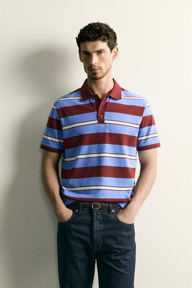 Zara REGULAR FIT STRIPED PIQUÉ POLO - Light blue