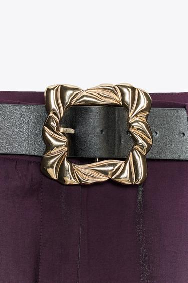 Zara SATIN WIDE LEG BELTED PANTS - Eggplant