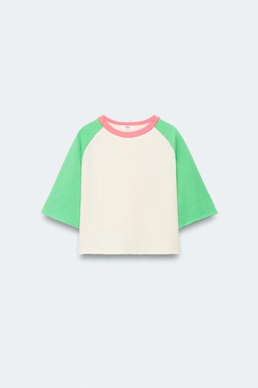 Zara 2-14 YEARS/ CONTRAST RAGLAN SLEEVE T-SHIRT LIMITED EDITION - Green