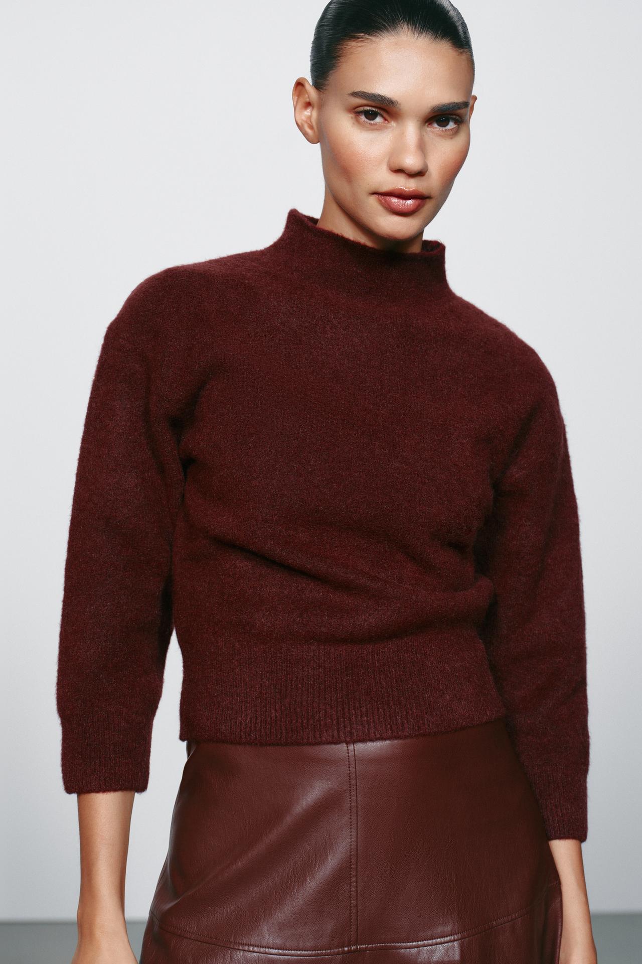 SOFT HIGH-NECK KNIT SWEATER — Burgundy