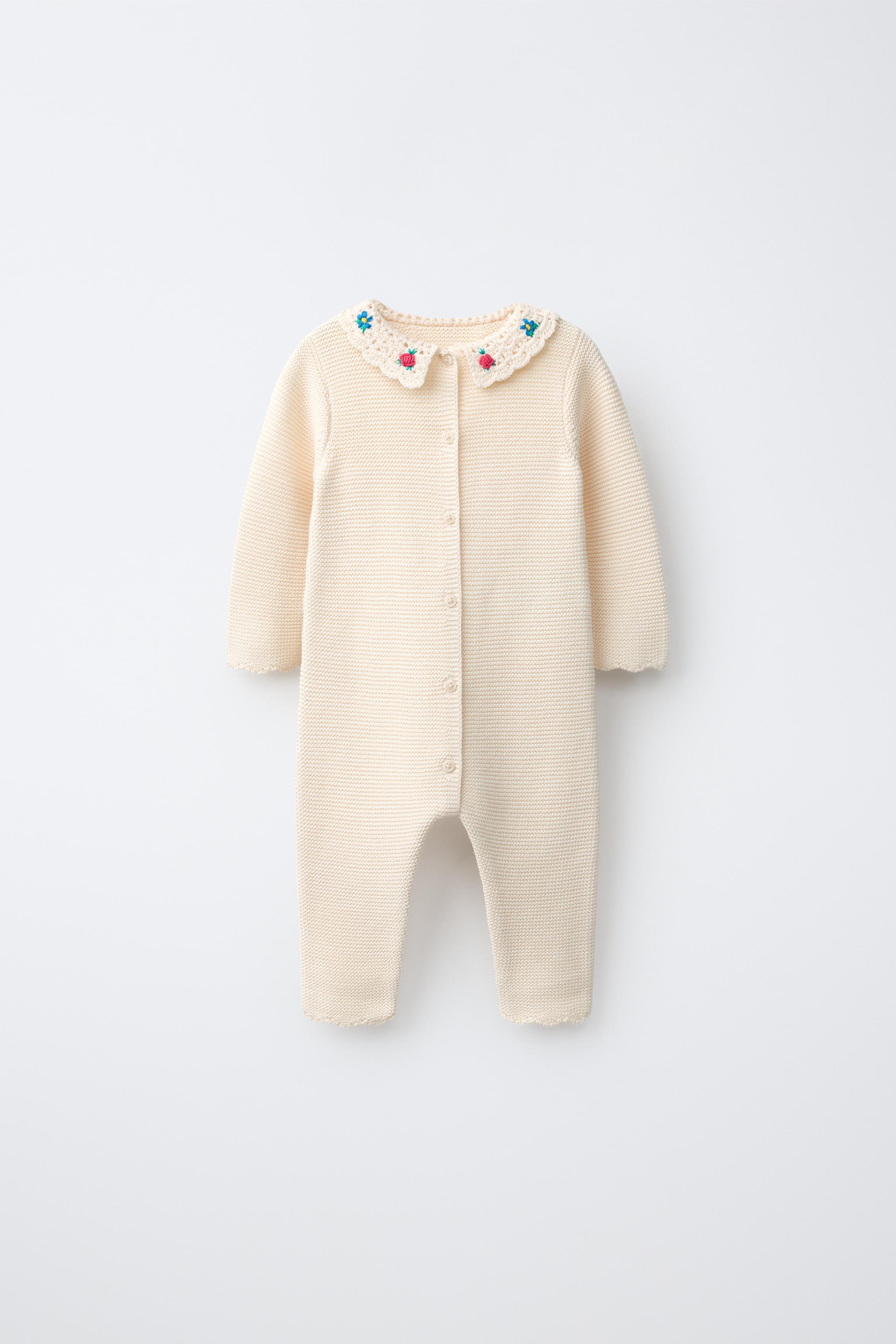 CROCHET COLLAR EMBROIDERED FLORAL JUMPSUIT — Ecru