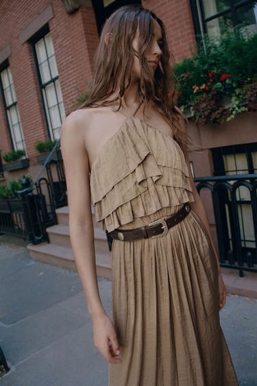 ROBE MI-LONGUE HALTER SATINÉE AVEC CEINTURE - Marron / Taupe de Zara