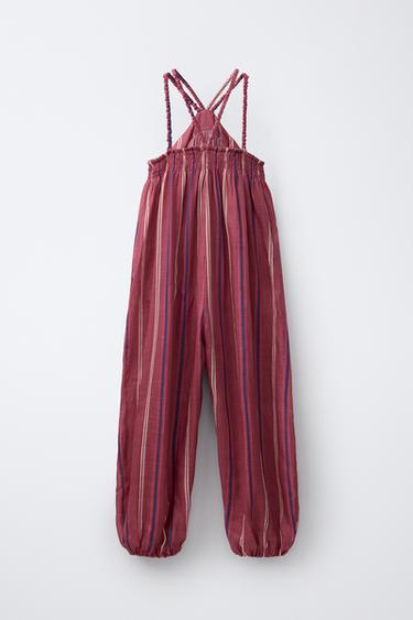 100% RAMIE STRIPED SAROUEL JUMPSUIT - Dark pink by Zara - Image 1