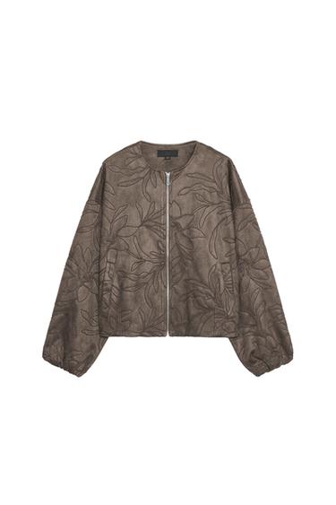 Front view of a brown bomber jacket with floral embroidery, crew neck, long sleeves and front zip fastening.