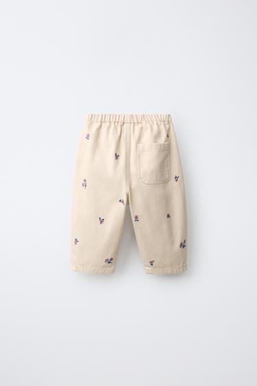 Floral Embroidered Baggy Twill Pants — Ecru 2