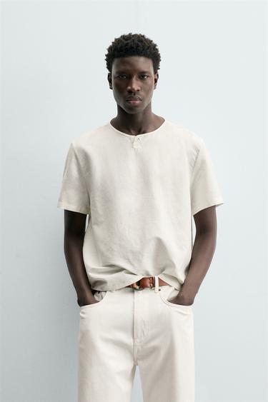 HEMP AND COTTON HENLEY SHIRT - Oyster-white by Zara