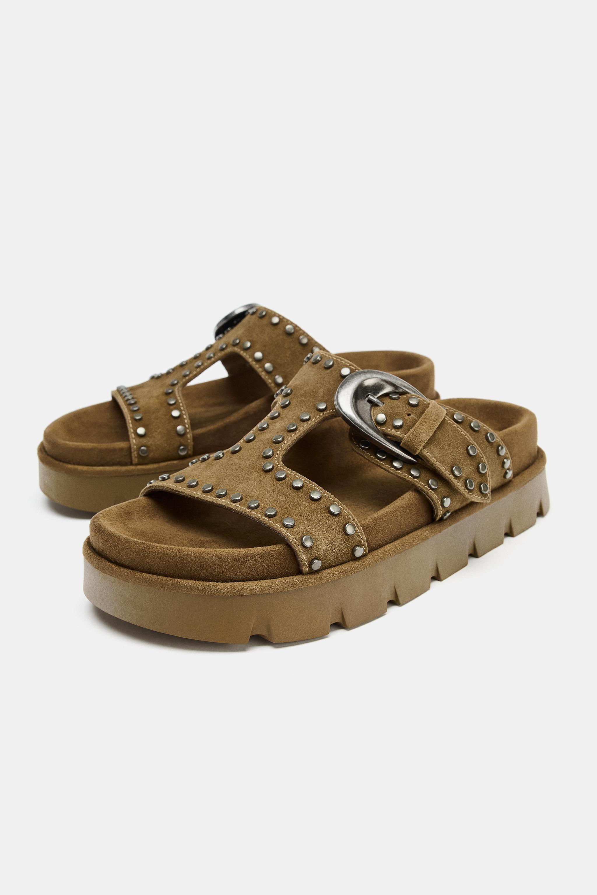 STUDDED SPLIT LEATHER PLATFORM SANDALS