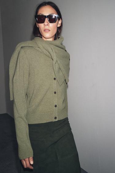 PLAIN CASHMERE AND WOOL CARDIGAN - GREENISH by Zara
