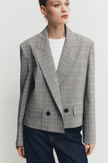 Zara PLAID CROPPED BLAZER - Grays