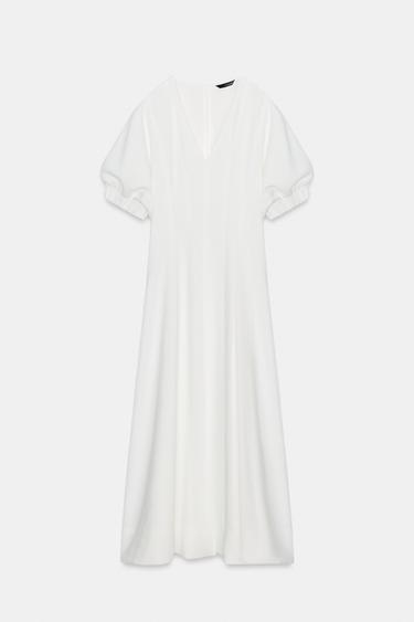 ROBE MI-LONGUE À MANCHES BOUFFANTES - Blanc cassé de Zara