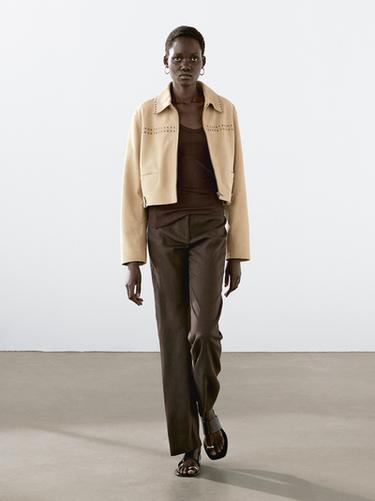 Zara Short leather jacket with stud details - Ecru / Khaki - Image 0