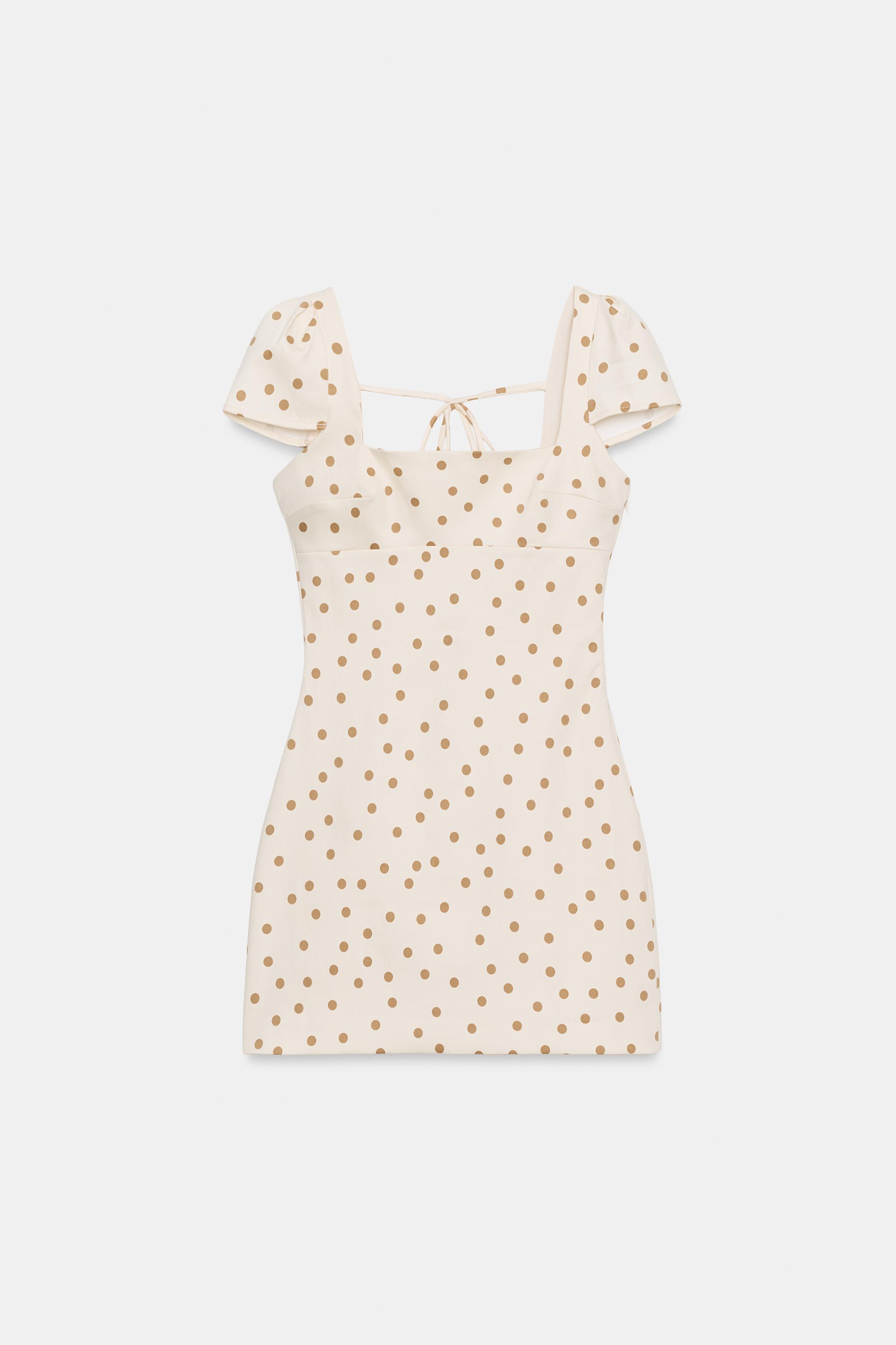 MINI DRESS WITH TIE-UP BACK AND DOTS — Ecru / Brown