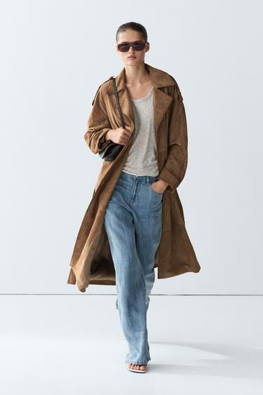 Zara Long suede leather trench coat - Light brown