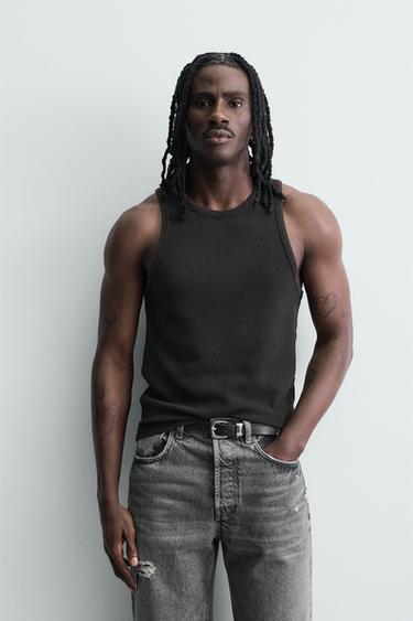 Zara WASHED RIBBED TANK TOP - Dark brown