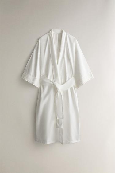 Zara GATHERED COTTON ROBE - White