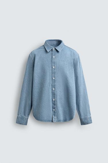 Zara WASHED REGULAR FIT DENIM SHIRT - Pastel blue