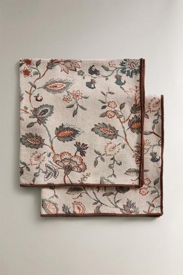Zara SET OF FLORAL PRINT NAPKINS WITH TOPSTITCHING (SET OF 2) - Brown / Taupe