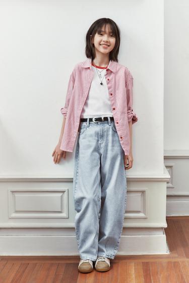 Zara 條紋襯衫搭配撞色領羅紋 T 恤 - 紅色