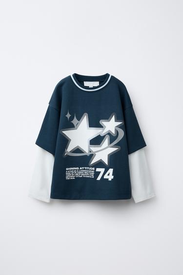 BLUZË HOODIE ME MËNGË DYFISHE ME STAMPIM - E kaltër nga Zara